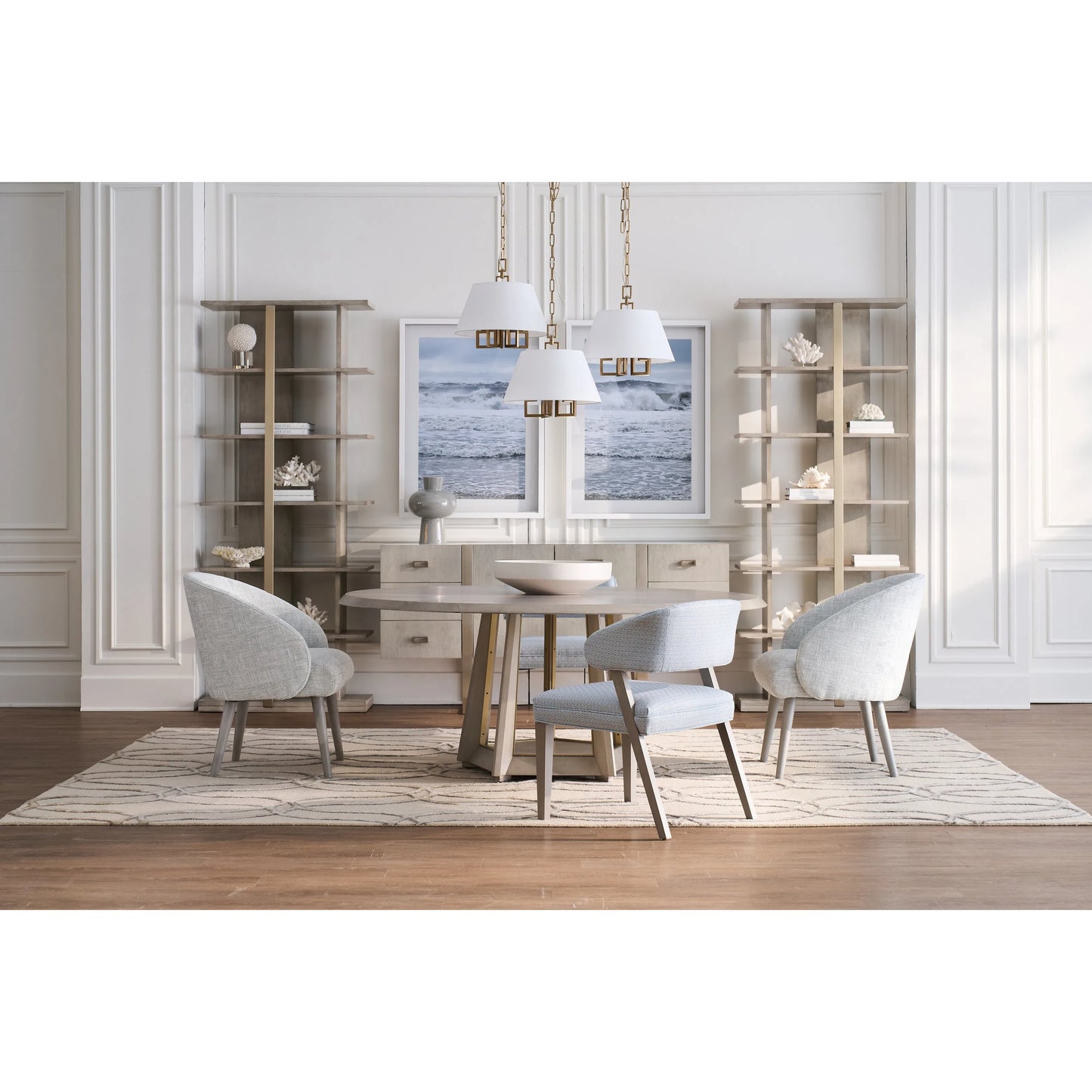 006 SI-2636069,SI-2636070 | Unknown | Libby Langdon Carlson Side Facing Etagere by Fairfield Chair in grey and sheer dove. Made from walnut solids, veneers, stainless steel in a unique style.