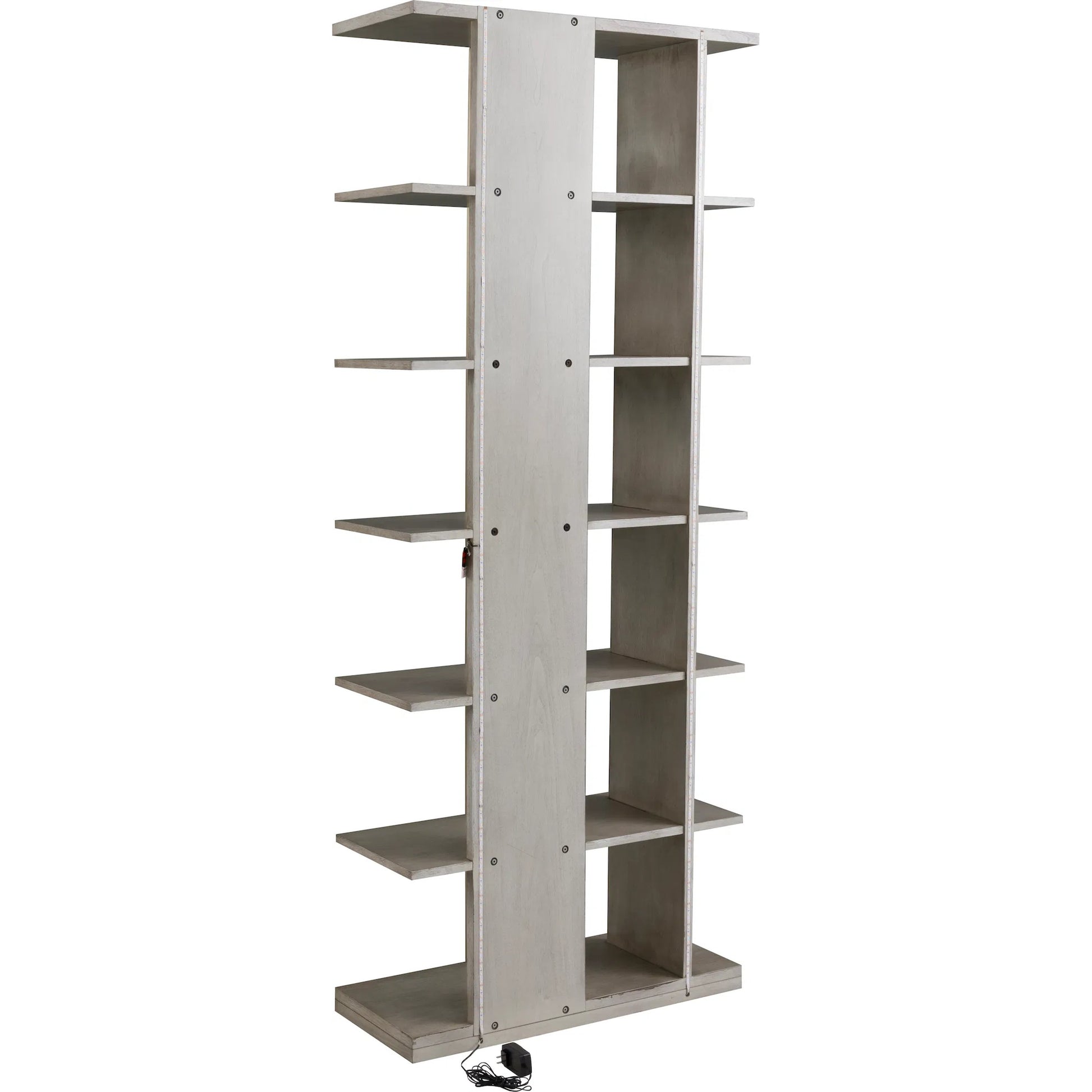 Libby Langdon Carlson Side Facing Etagere by Fairfield Chair in grey and sheer dove. Made from walnut solids, veneers, stainless steel in a unique style.