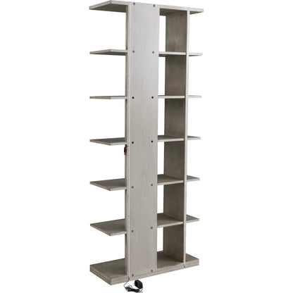 Libby Langdon Carlson Side Facing Etagere by Fairfield Chair in grey and sheer dove. Made from walnut solids, veneers, stainless steel in a unique style.