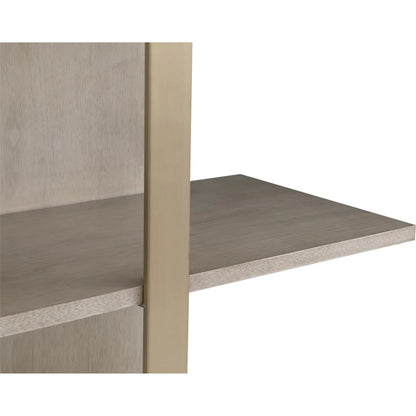 Libby Langdon Carlson Side Facing Etagere by Fairfield Chair in grey and sheer dove. Made from walnut solids, veneers, stainless steel in a unique style.