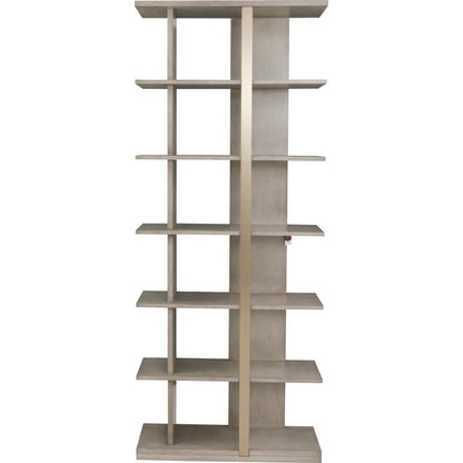 Libby Langdon Carlson Side Facing Etagere by Fairfield Chair in grey and sheer dove. Made from walnut solids, veneers, stainless steel in a unique style.