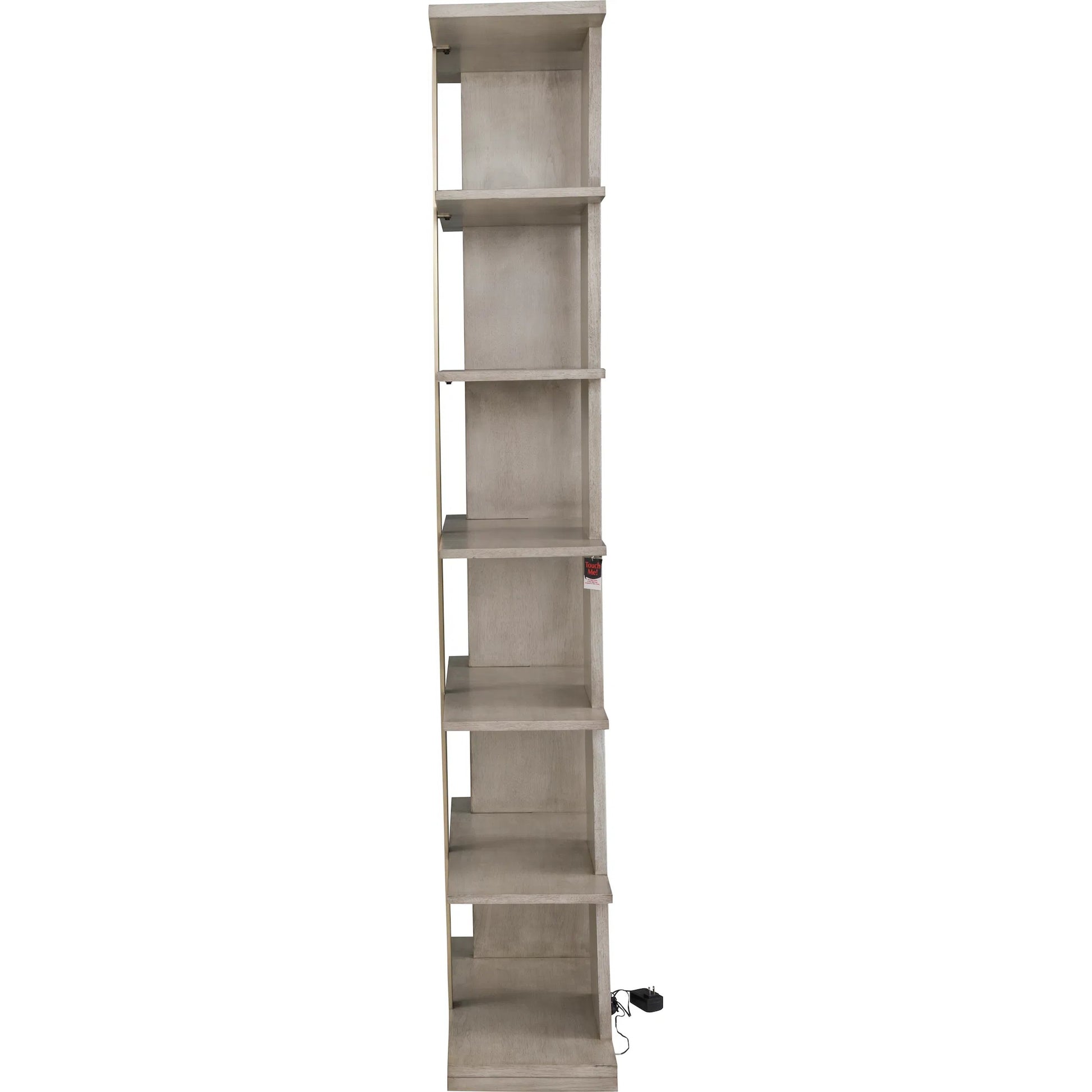 Libby Langdon Carlson Side Facing Etagere by Fairfield Chair in grey and sheer dove. Made from walnut solids, veneers, stainless steel in a unique style.