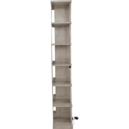 Libby Langdon Carlson Side Facing Etagere by Fairfield Chair in grey and sheer dove. Made from walnut solids, veneers, stainless steel in a unique style.