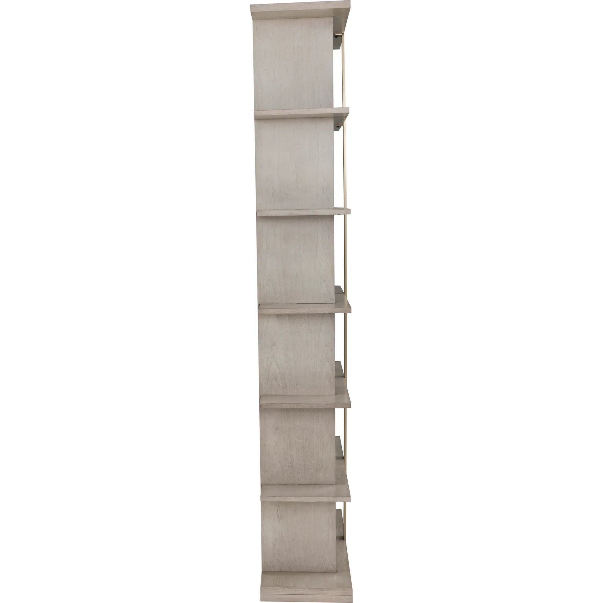 Libby Langdon Carlson Side Facing Etagere by Fairfield Chair in grey and sheer dove. Made from walnut solids, veneers, stainless steel in a unique style.