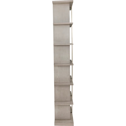 Libby Langdon Carlson Side Facing Etagere by Fairfield Chair in grey and sheer dove. Made from walnut solids, veneers, stainless steel in a unique style.