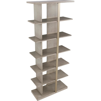 Libby Langdon Carlson Side Facing Etagere by Fairfield Chair in grey and sheer dove. Made from walnut solids, veneers, stainless steel in a unique style.