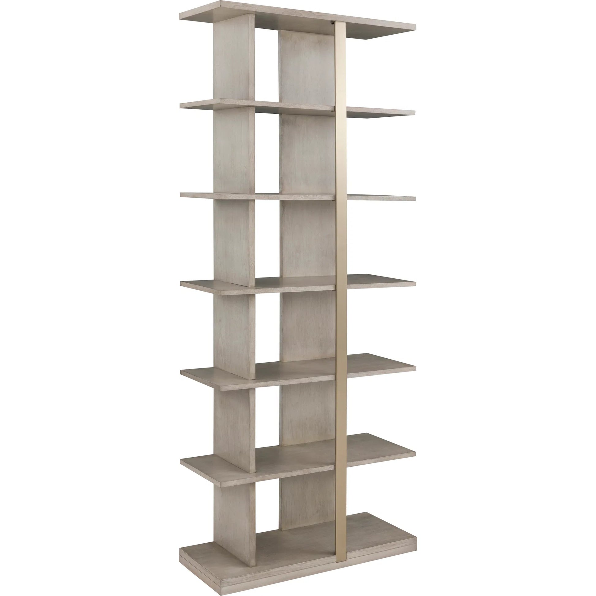 Libby Langdon Carlson Side Facing Etagere by Fairfield Chair in grey and sheer dove. Made from walnut solids, veneers, stainless steel in a unique style.