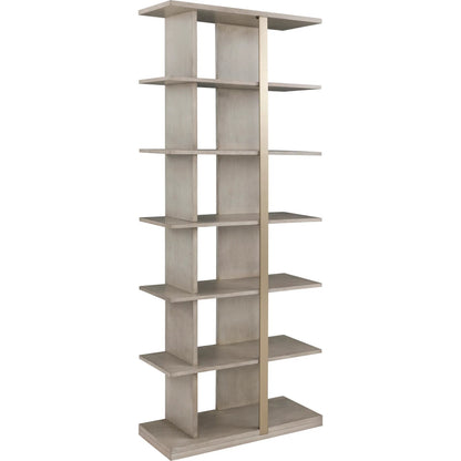 Libby Langdon Carlson Side Facing Etagere by Fairfield Chair in grey and sheer dove. Made from walnut solids, veneers, stainless steel in a unique style.