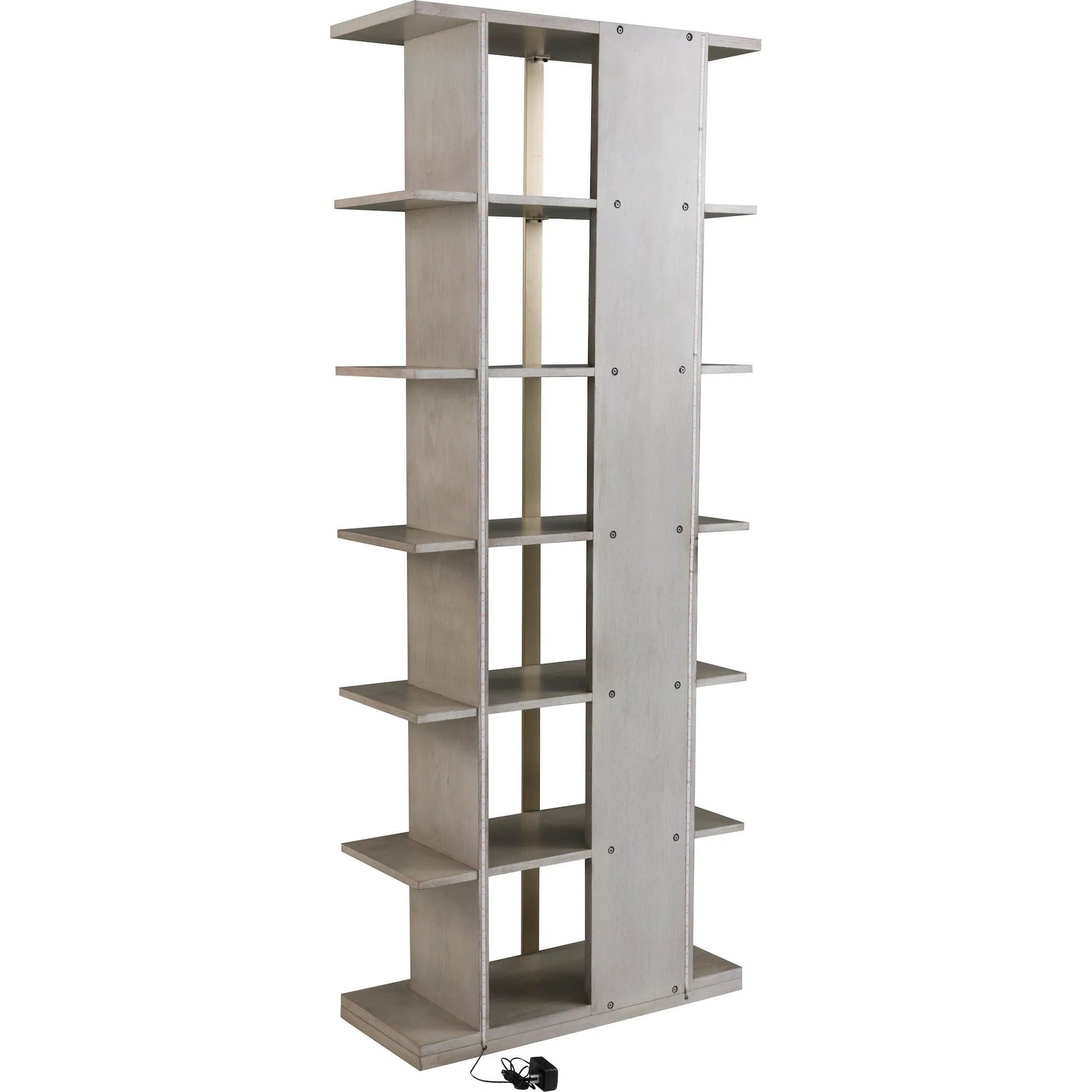 Libby Langdon Carlson Side Facing Etagere by Fairfield Chair in grey and sheer dove. Made from walnut solids, veneers, stainless steel in a unique style.
