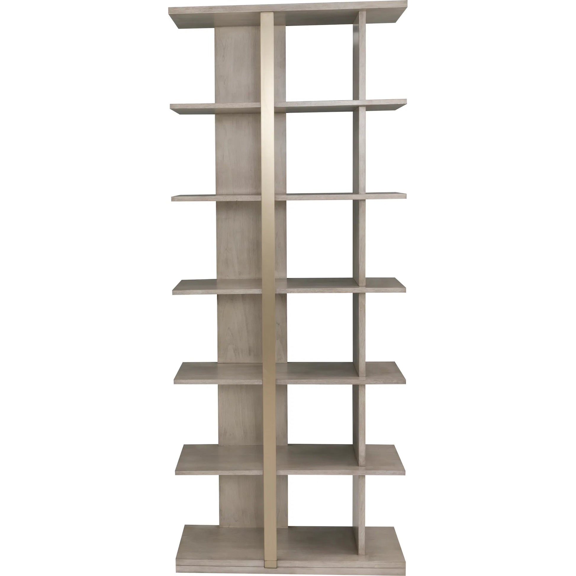 Libby Langdon Carlson Side Facing Etagere by Fairfield Chair in grey and sheer dove. Made from walnut solids, veneers, stainless steel in a unique style.