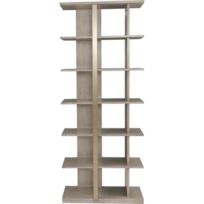 Libby Langdon Carlson Side Facing Etagere by Fairfield Chair in grey and sheer dove. Made from walnut solids, veneers, stainless steel in a unique style.