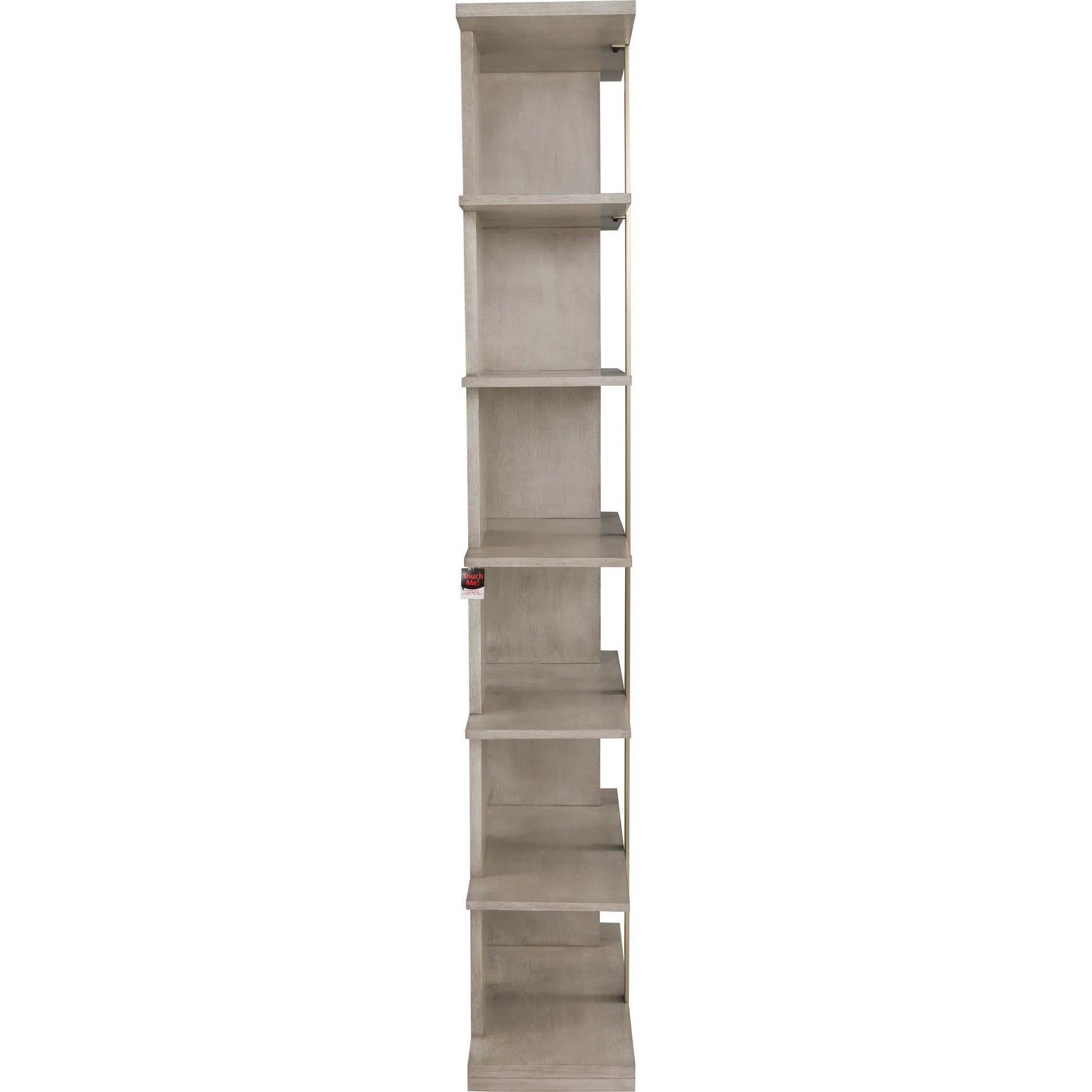 Libby Langdon Carlson Side Facing Etagere by Fairfield Chair in grey and sheer dove. Made from walnut solids, veneers, stainless steel in a unique style.