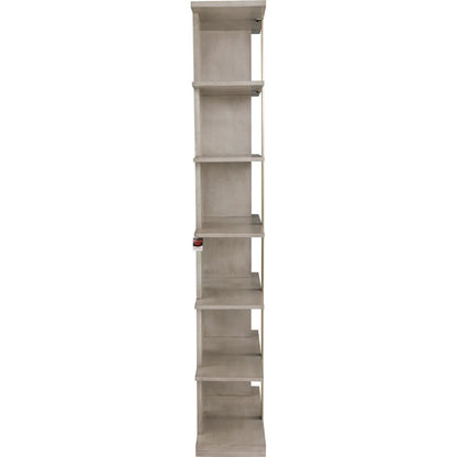 Libby Langdon Carlson Side Facing Etagere by Fairfield Chair in grey and sheer dove. Made from walnut solids, veneers, stainless steel in a unique style.