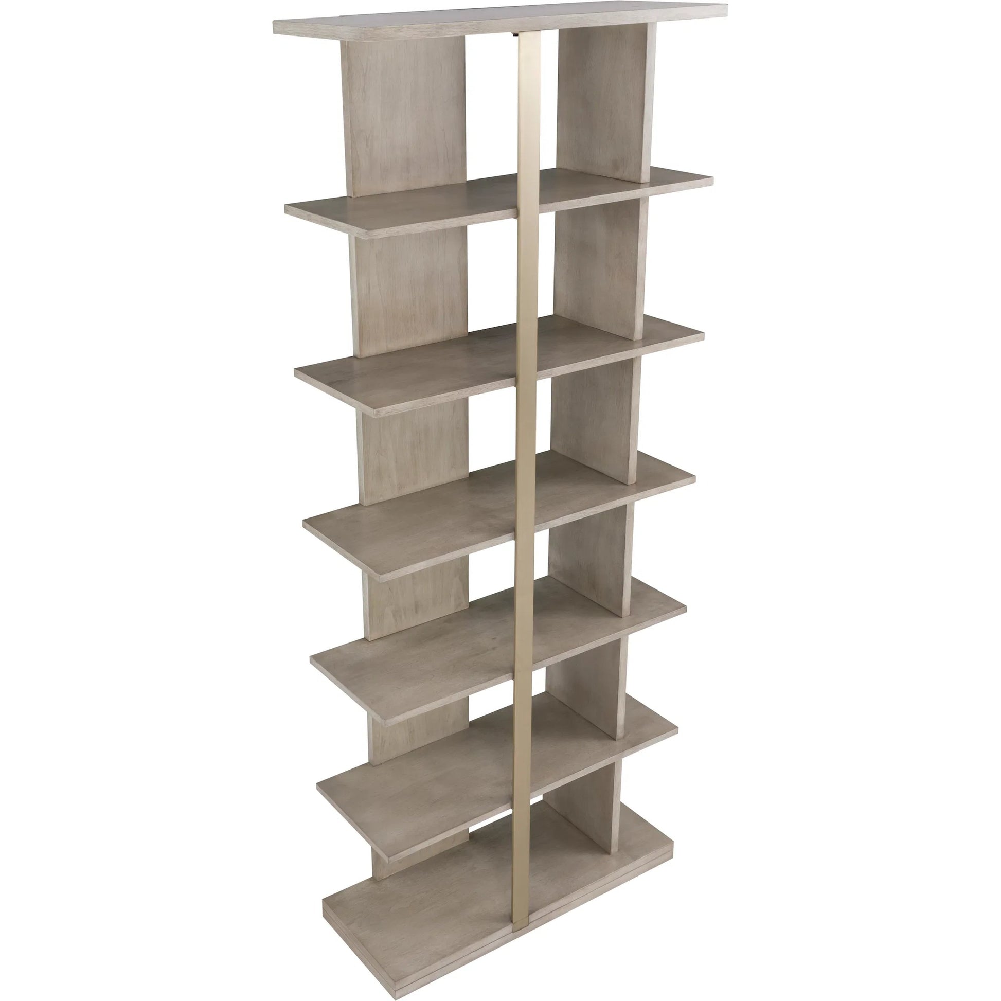 Libby Langdon Carlson Side Facing Etagere by Fairfield Chair in grey and sheer dove. Made from walnut solids, veneers, stainless steel in a unique style.