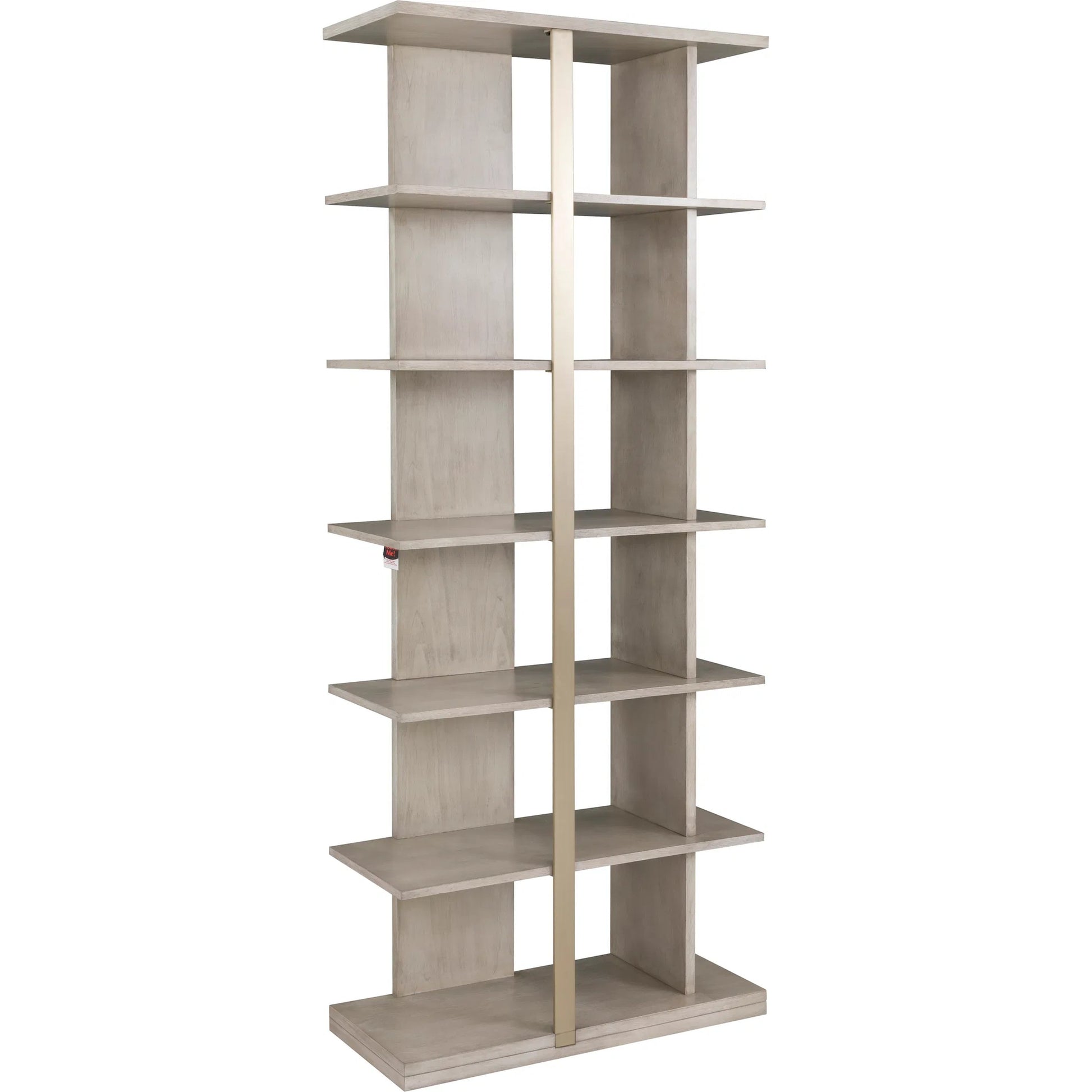 Libby Langdon Carlson Side Facing Etagere by Fairfield Chair in grey and sheer dove. Made from walnut solids, veneers, stainless steel in a unique style.