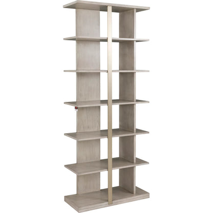 Libby Langdon Carlson Side Facing Etagere by Fairfield Chair in grey and sheer dove. Made from walnut solids, veneers, stainless steel in a unique style.