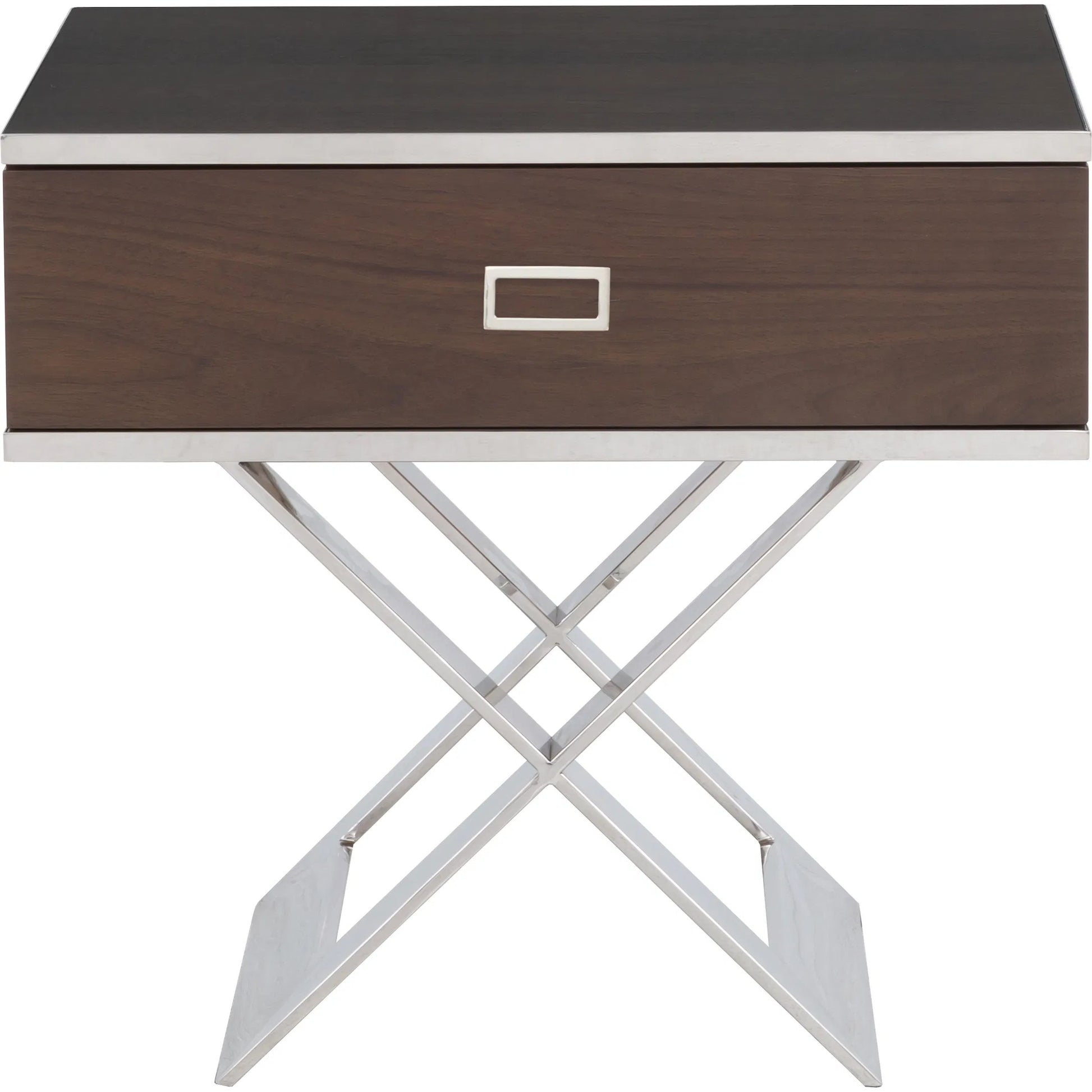 Libby Langdon Carlson End Table by Fairfield Chair in brown. Made from walnut solids, veneers, stainless steel in a unique style.