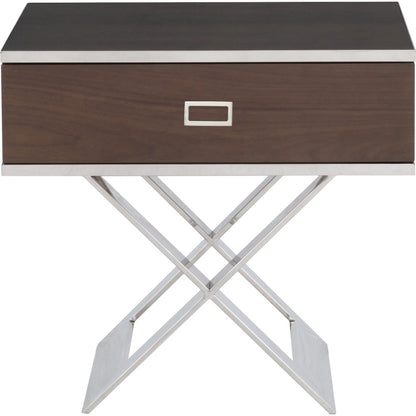 Libby Langdon Carlson End Table by Fairfield Chair in brown. Made from walnut solids, veneers, stainless steel in a unique style.