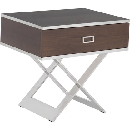 Libby Langdon Carlson End Table by Fairfield Chair in brown. Made from walnut solids, veneers, stainless steel in a unique style.