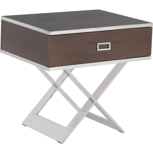 Libby Langdon Carlson End Table by Fairfield Chair in brown. Made from walnut solids, veneers, stainless steel in a unique style.