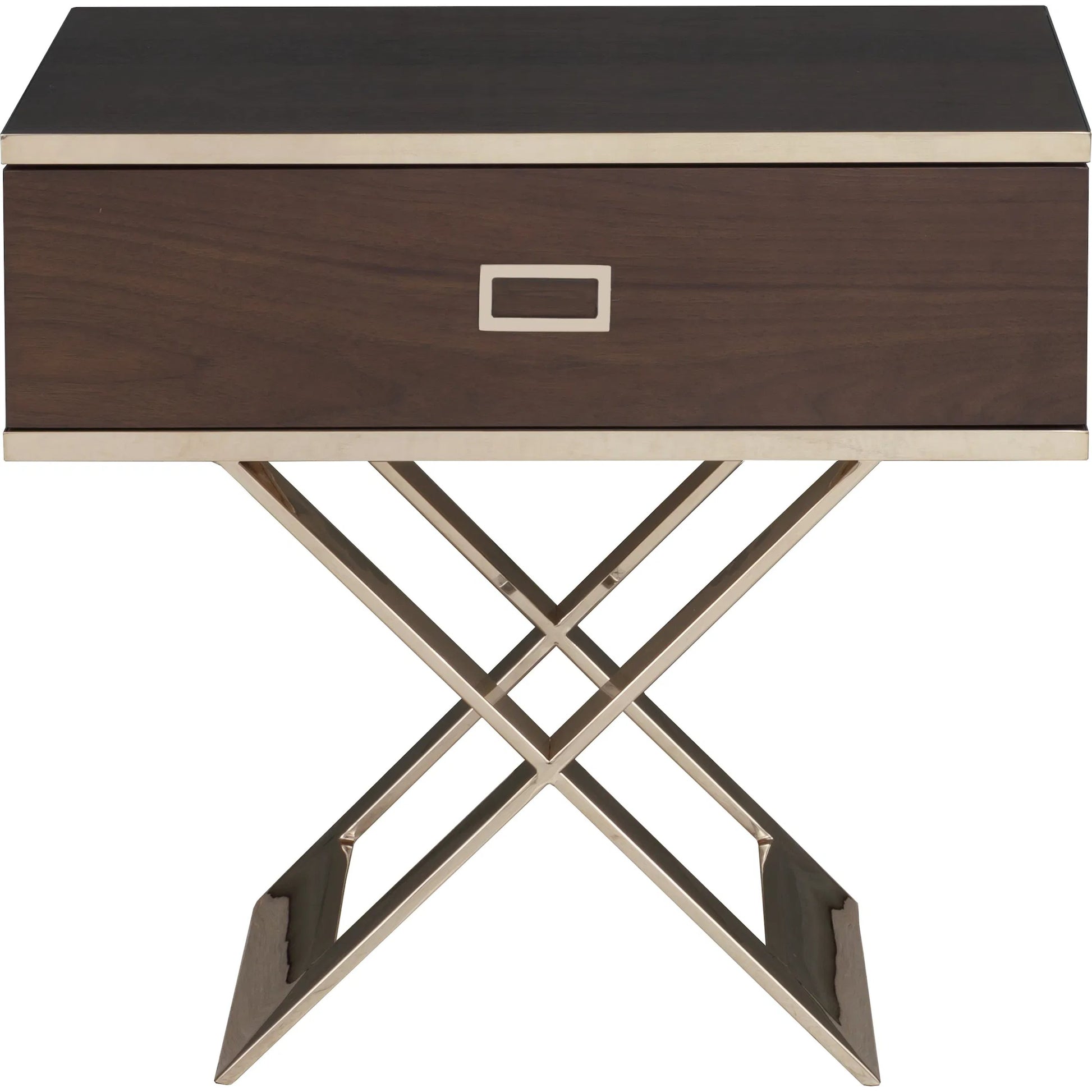 Libby Langdon Carlson End Table by Fairfield Chair in brown. Made from walnut solids, veneers, stainless steel in a unique style.