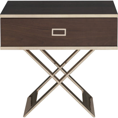 Libby Langdon Carlson End Table by Fairfield Chair in brown. Made from walnut solids, veneers, stainless steel in a unique style.