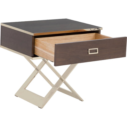 Libby Langdon Carlson End Table by Fairfield Chair in brown. Made from walnut solids, veneers, stainless steel in a unique style.