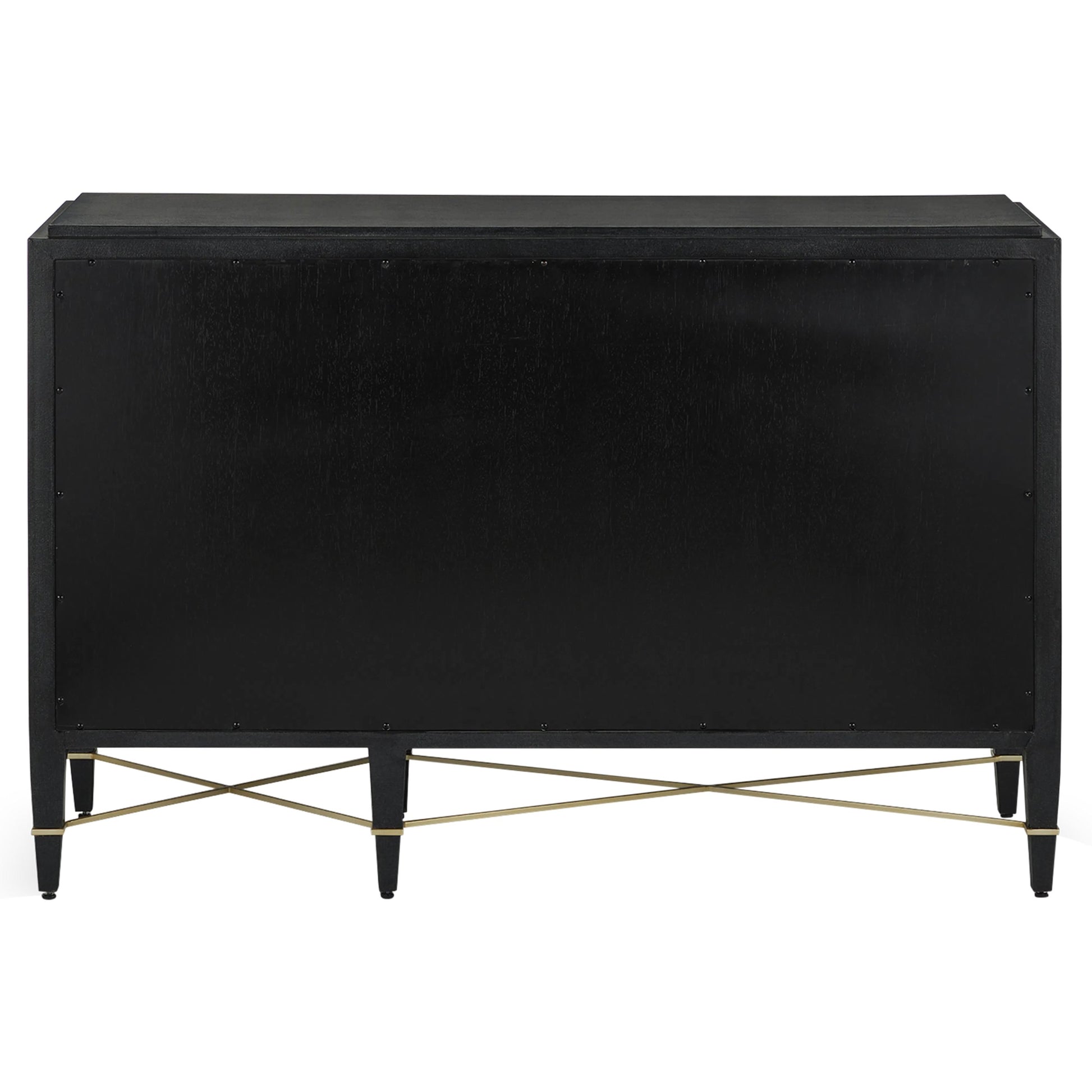 Verona Three-Drawer Chest by Currey and Company in lacquered black linen, champagne. Made from black linen, mahogany, brass, iron in a traditional style.