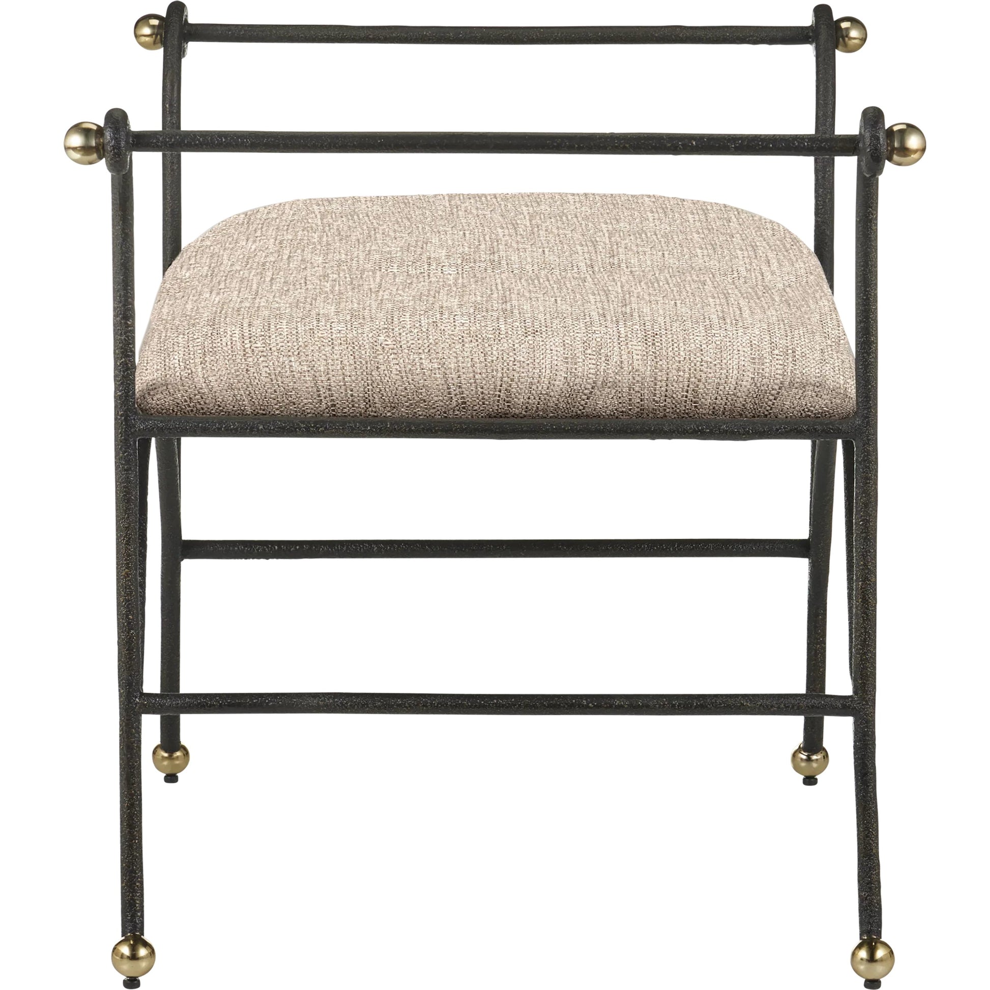 Mabel Ottoman by Currey and Company in antique black, polished brass. Made from steel, stainless steel in a transitional style.