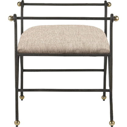 Mabel Ottoman by Currey and Company in antique black, polished brass. Made from steel, stainless steel in a transitional style.