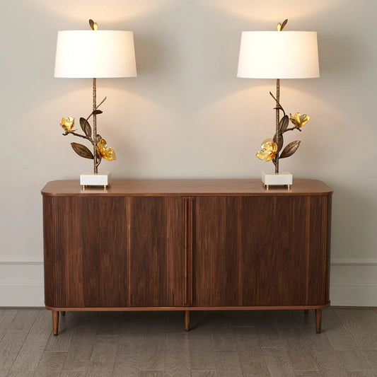 Magnolia Flower Table Lamp by Global Views in antique brass, gold. Made from brass, marble in a modern style.