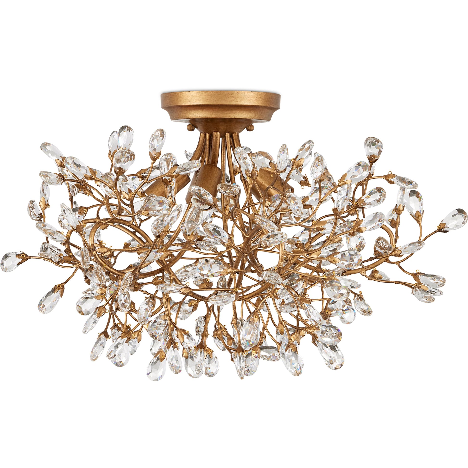 Crystal Bud Semi-Flush Mount by Currey and Company in clear, brass. Made from crystal, wrought iron in a modern style.