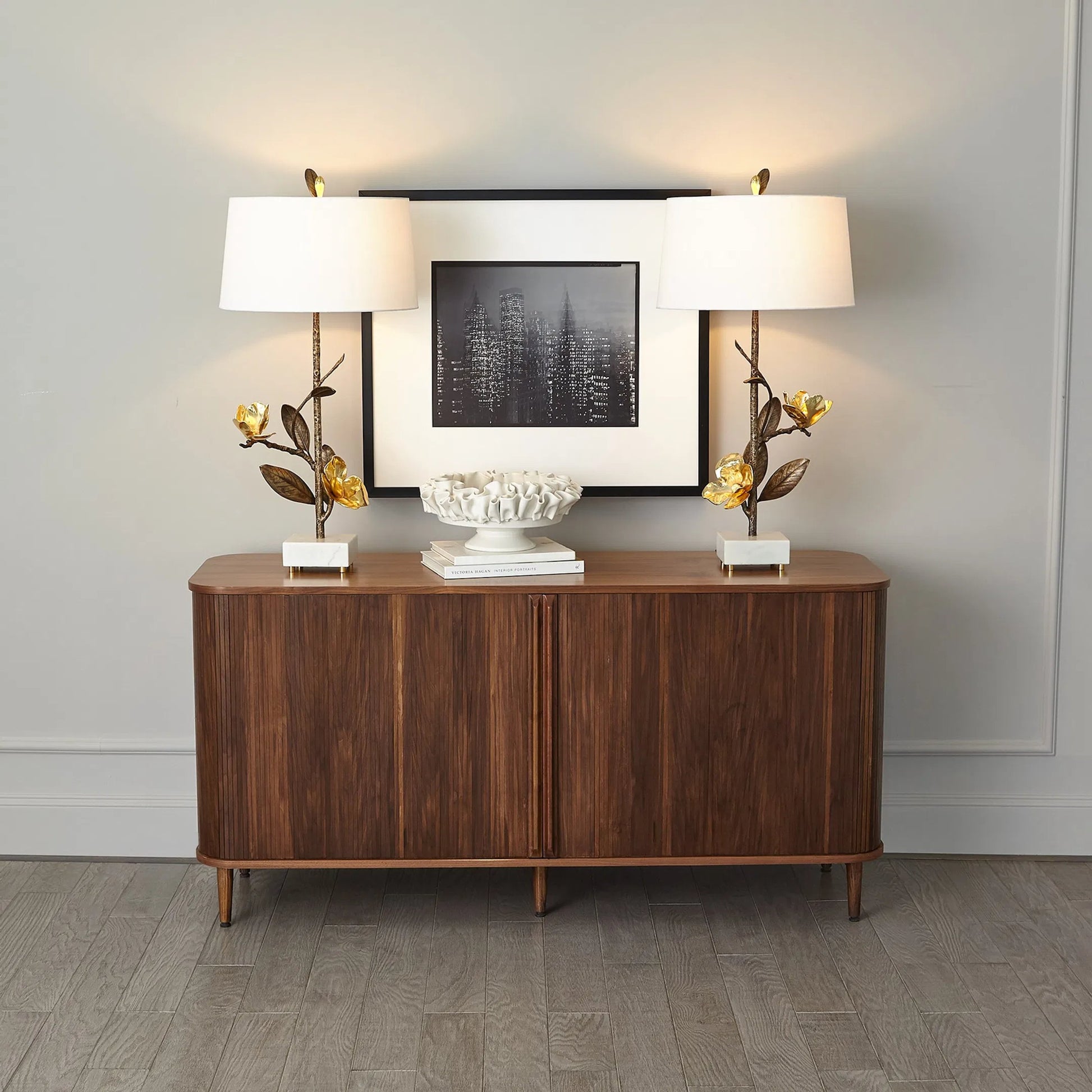 Magnolia Flower Table Lamp by Global Views in antique brass, gold. Made from brass, marble in a modern style.