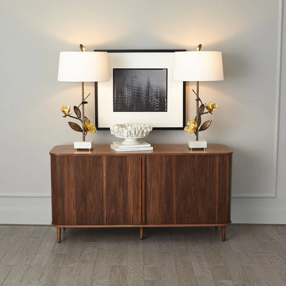 Magnolia Flower Table Lamp by Global Views in antique brass, gold. Made from brass, marble in a modern style.