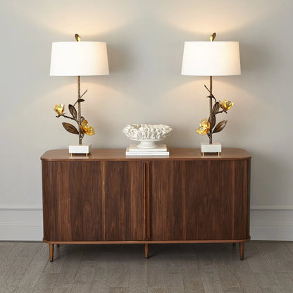 Magnolia Flower Table Lamp by Global Views in antique brass, gold. Made from brass, marble in a modern style.