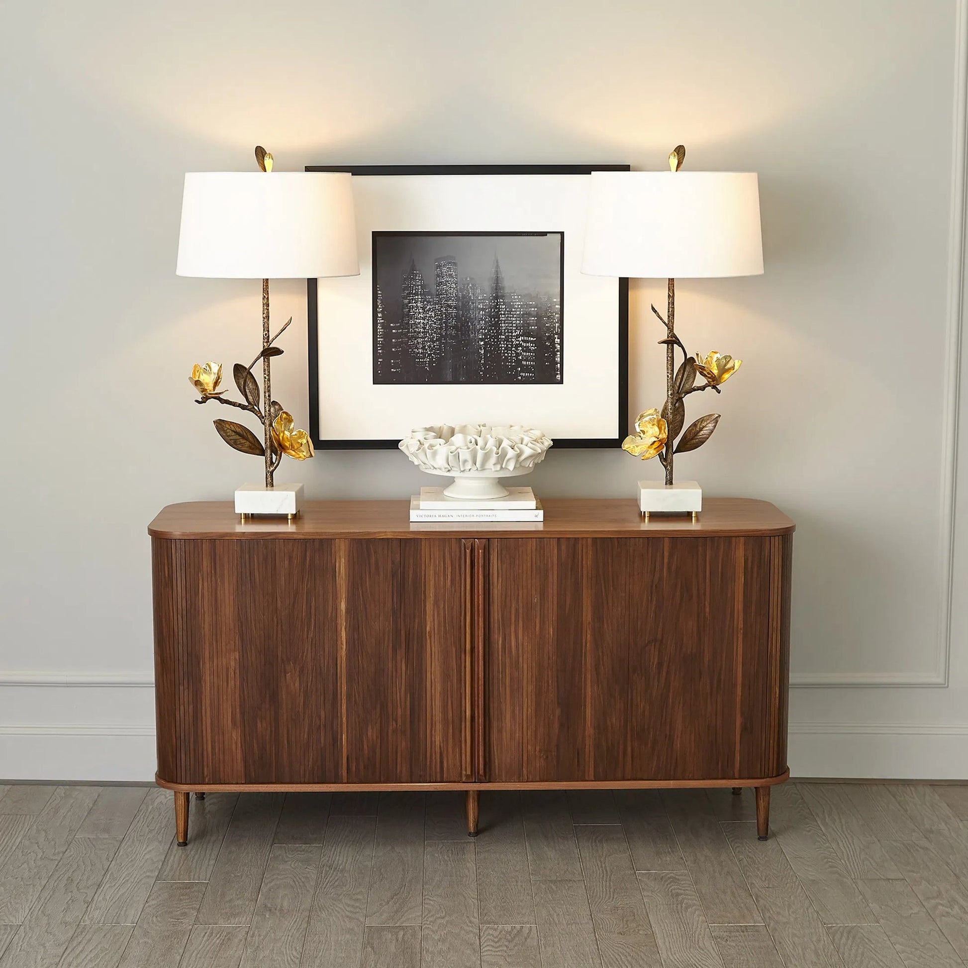 Magnolia Flower Table Lamp by Global Views in antique brass, gold. Made from brass, marble in a modern style.