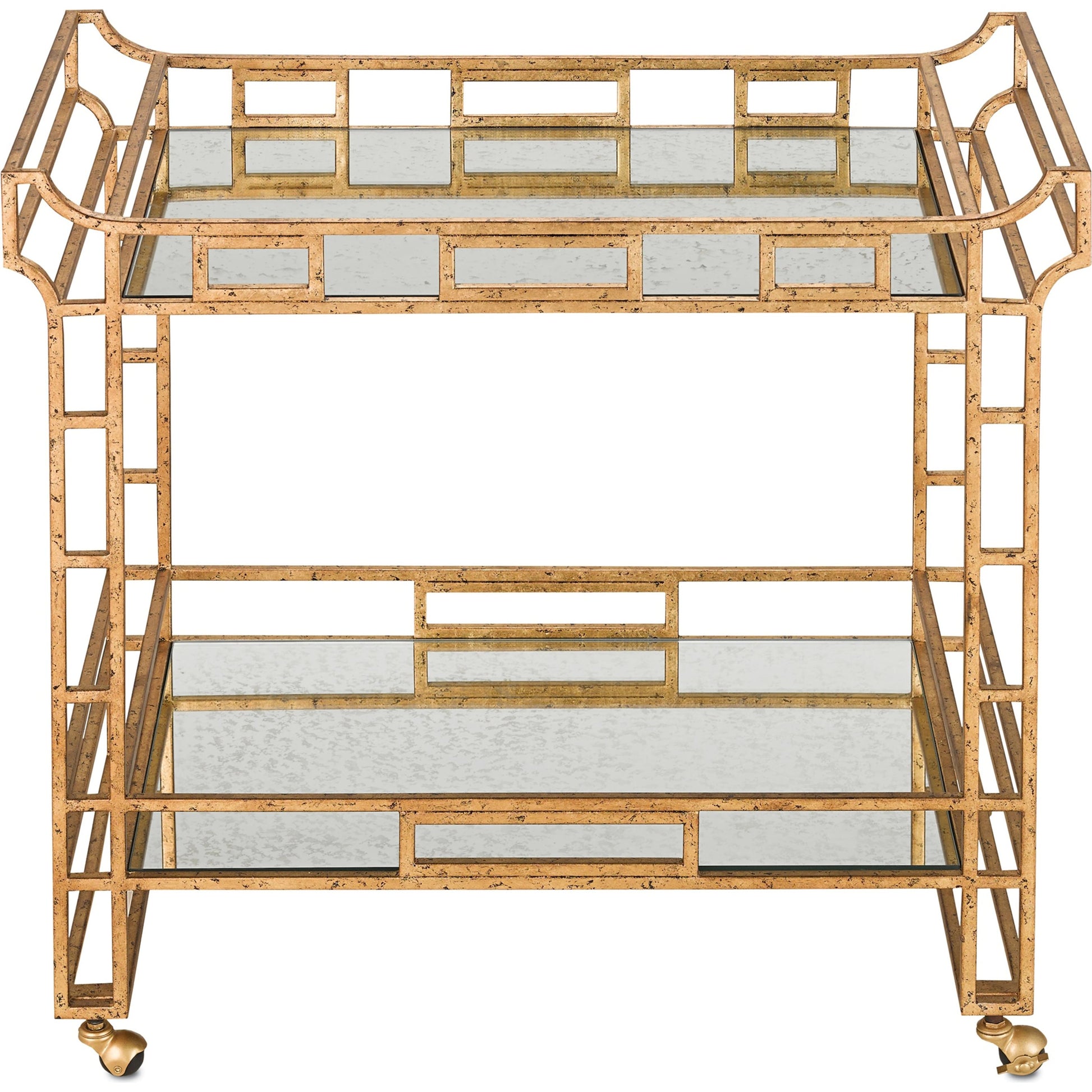 Odeon Bar Cart by Currey and Company in seneca gold leaf, light roche antique mirror. Made from wrought iron, mirror in a transitional style.