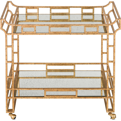 Odeon Bar Cart by Currey and Company in seneca gold leaf, light roche antique mirror. Made from wrought iron, mirror in a transitional style.