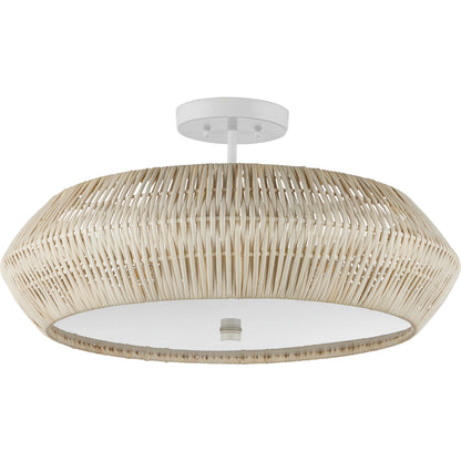 Antibes Semi-Flush Mount by Currey and Company. Made from rattan, wrought iron, acrylic in a rustic style.