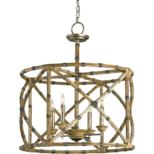 Palm Beach Lantern by Currey and Company in pyrite bronze, washed wood, natural. Made from wrought iron, wood, arurog in a modern style.