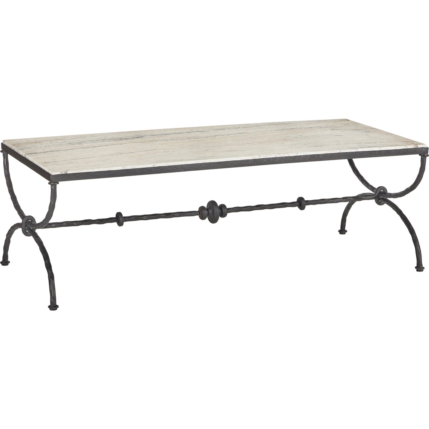 001 SI-2386930 | Primary Silo | Agora Cocktail Table by Currey and Company in natural, rustic bronze. Made from white travertine, wrought iron in a modern style.