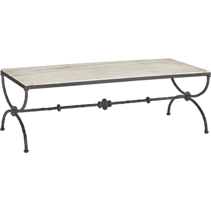 Agora Cocktail Table by Currey and Company in natural, rustic bronze. Made from white travertine, wrought iron in a modern style.