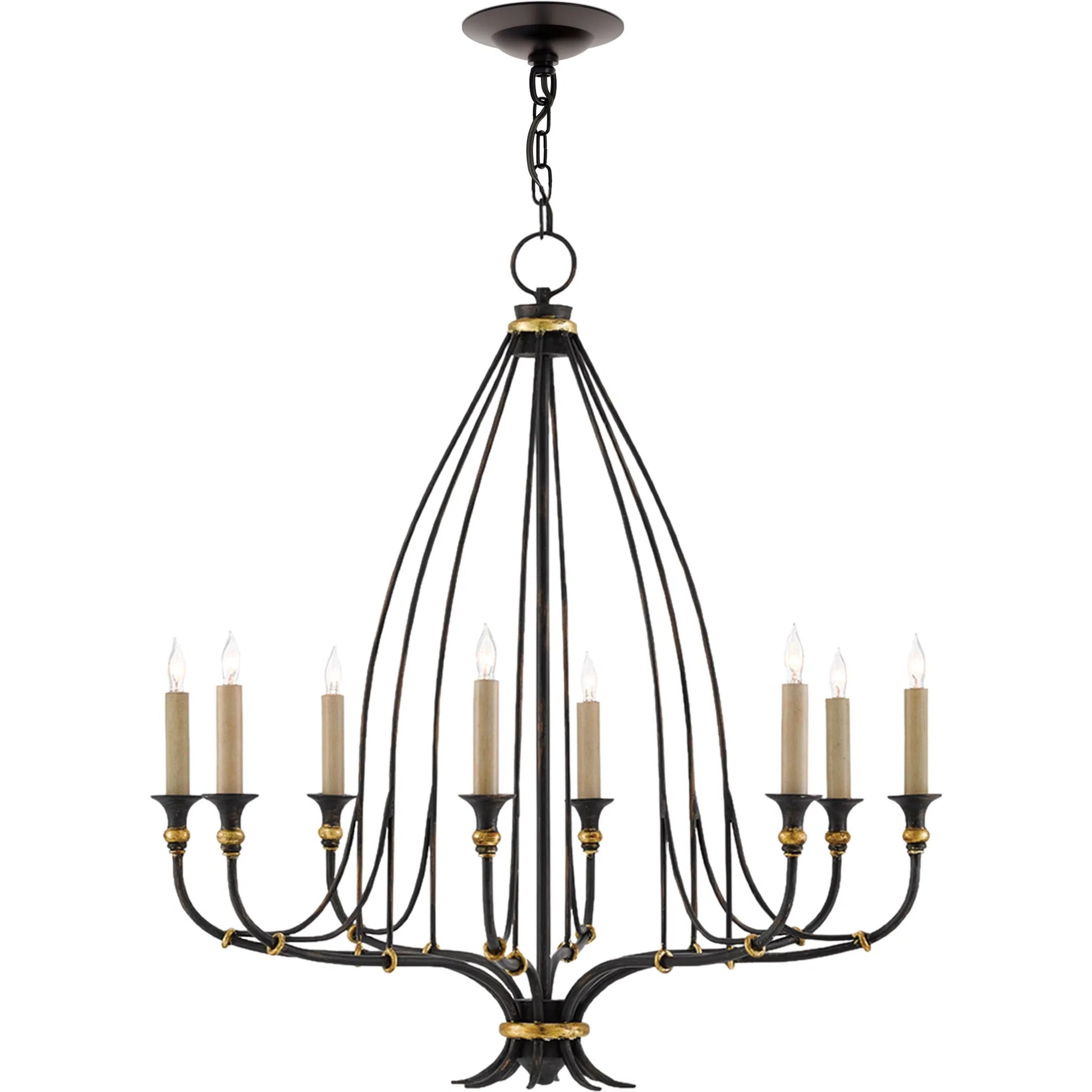 Folgate Chandelier by Currey and Company in french black, gold leaf accents. Made from wrought iron in a traditional style.