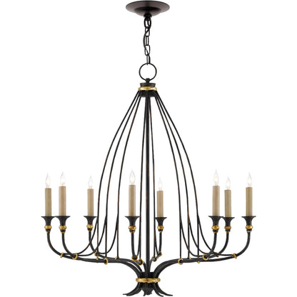 Folgate Chandelier by Currey and Company in french black, gold leaf accents. Made from wrought iron in a traditional style.