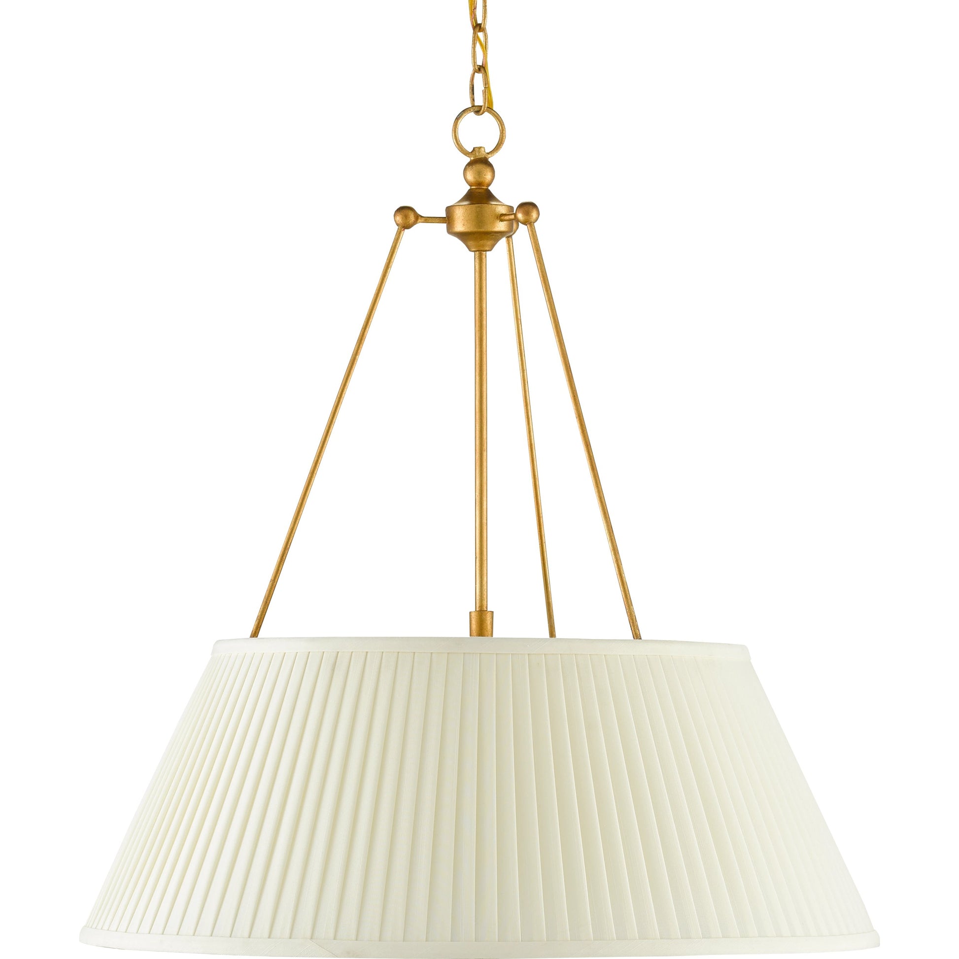 Lytham Pendant by Currey and Company in antique gold leaf, white. Made from wrought iron, fabric in a traditional style.