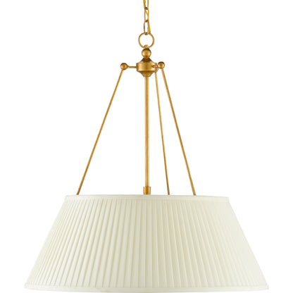 Lytham Pendant by Currey and Company in antique gold leaf, white. Made from wrought iron, fabric in a traditional style.