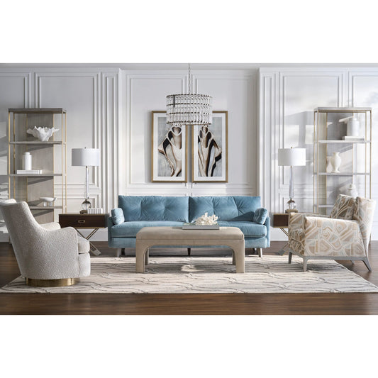 Libby Langdon Atterbury Sofa by Fairfield Chair in blue and mist. Made from beech solids in a unique style.