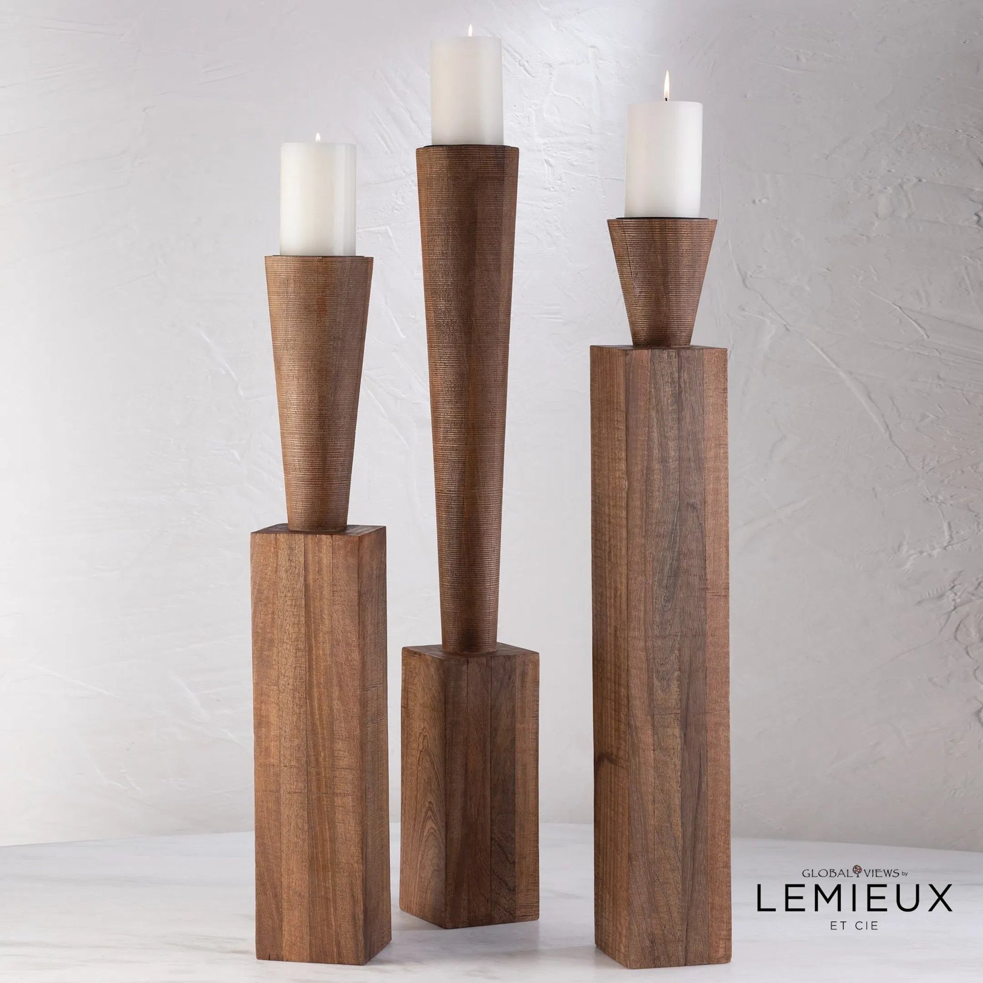 Corot Floor Pillar Holder by Global Views in brown textured. Made from mango in a eclectic & global style.