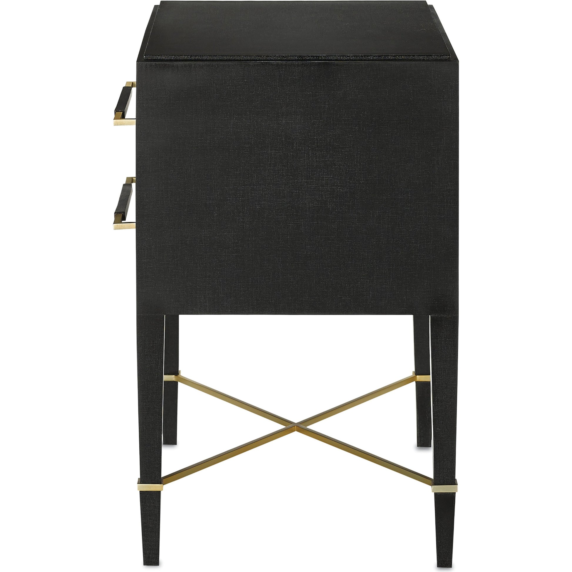 Verona Nightstand by Currey and Company in black lacquered linen, champagne stretchers, linen wrapped cha. Made from solid wood, engineered hardwood in a traditional style.