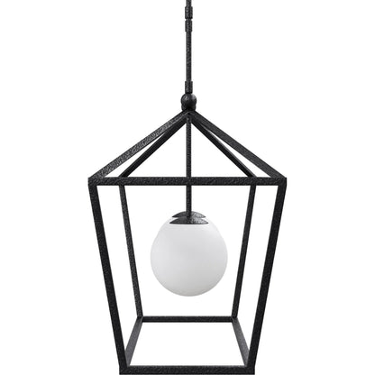 Denison Outdoor Lantern by Currey and Company in black, frosted white. Made from wrought iron, glass in a modern style.